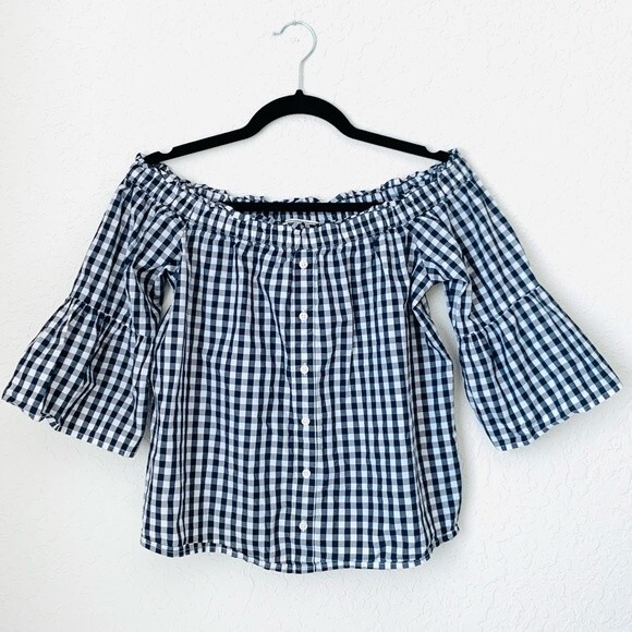 Abercrombie & Fitch Top Womens XS Navy Gingham Cottagecore Rodeo Western Preppy - Picture 2 of 8